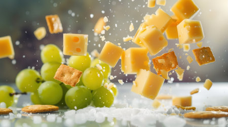 An exciting and dynamic arrangement capturing flying cheese cubes surrounded by fresh grapes and cracker pieces, enhanced with sparkling sugar sprinkles.の素材