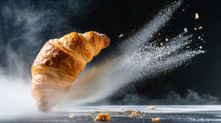 A freshly baked croissant showcases its flaky texture, surrounded by a cloud of flour dust on a dark backdrop, creating an artistic food image.の素材