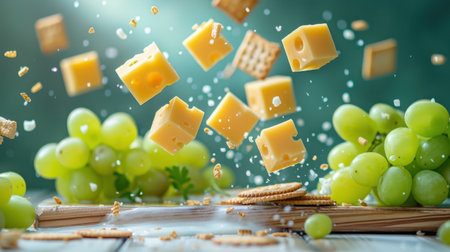 A captivating still life of fresh green grapes, cubes of cheese, and crackers artistically arranged and floating against a soft background, ideal for capturing attention in culinary contexts.の素材