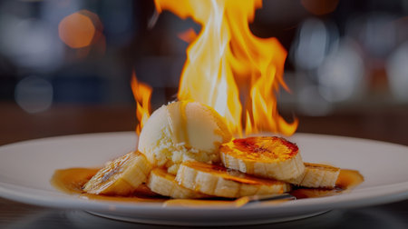 A stunning dessert featuring flaming bananas served with creamy ice cream, presenting a captivating culinary spectacle perfect for dining occasions.の素材