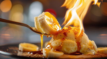 This stunning image features a delicious dessert of bananas and ice cream drizzled with warm caramel sauce. The flames create a captivating visual, emphasizing the dessert's indulgence and warmth. Perfect for food lovers and culinary enthusiasts.の素材