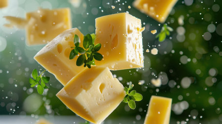 This vibrant image showcases fresh cheese cubes gracefully falling amidst herbs, creating a dynamic culinary scene with a soft bokeh background.の素材