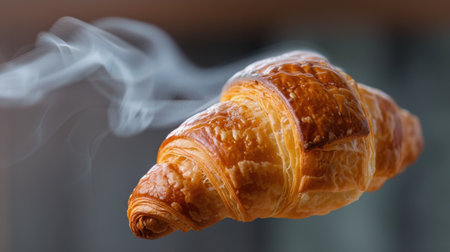 A freshly baked croissant floating with rising steam, showcasing its golden, flaky texture. Ideal for breakfast or snack imagery in culinary settings.の素材