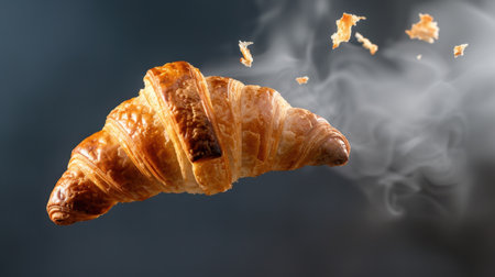 A beautifully crafted croissant showcases its flaky, golden layers while steam rises, creating an inviting and appetizing image perfect for food lovers.の素材