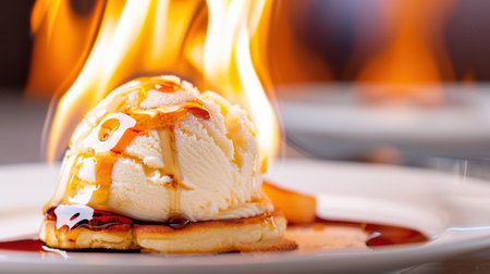 This enticing image showcases a delicious dessert featuring a scoop of ice cream on a fluffy pancake, drizzled with flaming caramel sauce. Perfect for captivating food lovers.の素材