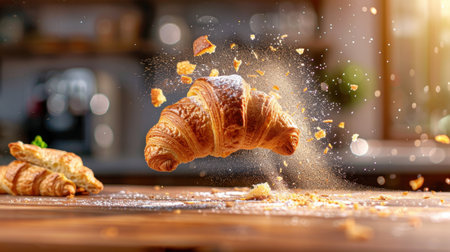 This captivating image showcases a floating croissant surrounded by a gentle sprinkle of pastry crumbs, set in a beautifully lit kitchen.の素材