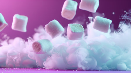 A captivating image featuring floating marshmallows amidst colorful mist on a striking purple background, creating a whimsical and dreamy atmosphere.の素材