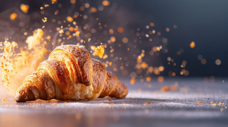 A beautifully shot image of a freshly baked croissant, showcasing its flaky layers, delicate texture, and dusting of flour on the table surface.の素材