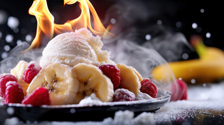 A stunning dessert featuring smooth ice cream crowned with fresh raspberries and banana slices, dramatically enhanced by flames and swirling smoke.の素材