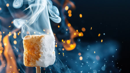 This captivating image features a perfectly toasted marshmallow on a stick, enveloped in smoke and floating embers, creating a magical campfire atmosphere.の素材