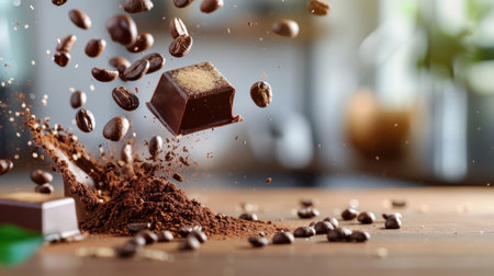 An engaging portrayal of a chocolate square suspended above a mound of ground coffee beans, illustrating rich textures and warm colors, perfect for food enthusiasts.の素材