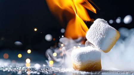 This captivating image showcases marshmallows engulfed in flames, presenting a striking contrast between the warm fire and the cool marshmallow textures, creating an exciting culinary moment.の素材