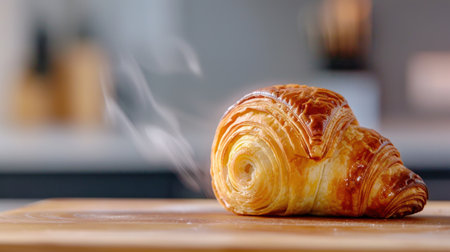 A beautiful close-up of a freshly baked croissant with steam rising from its flaky golden crust, placed on a wooden board in a modern kitchen setting.の素材