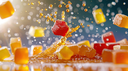 Vibrant candy cubes make a delightful splash in sparkling liquid, creating a dynamic scene filled with joy and color, perfect for festive celebrations.の素材