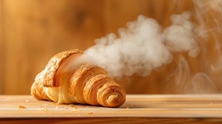 This image showcases a freshly baked croissant resting on a wooden table, with steam gently rising, creating a warm and inviting atmosphere in a cozy kitchen setting.の素材