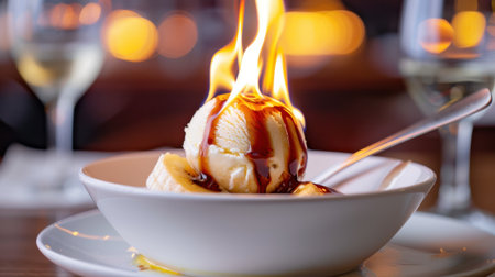 A visually stunning dessert featuring a scoop of vanilla ice cream engulfed in flame with rich caramel sauce drizzled on top, presented in an elegant white bowl.の素材