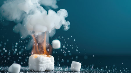 A dynamic image showcasing a flaming marshmallow surrounded by smoke and sugar sprinkles, creating a vibrant and playful atmosphere in cooking.の素材