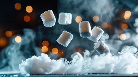 Captivating image of sugar cubes beautifully suspended in mid-air, surrounded by delicate wisps of smoke and a soft bokeh background, creating a magical feel.の素材