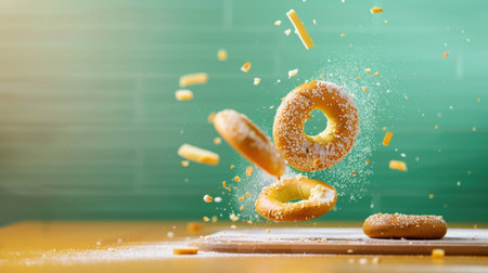 A visually captivating image of floating donuts surrounded by sprinkle particles, set against a vibrant green background. The scene showcases a playful and artistic representation of these sweet treats, ideal for food lovers and dessert enthusiasts.の素材