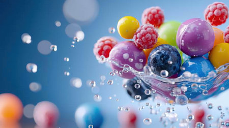 A dynamic scene featuring colorful candy balls and fresh raspberries splashing in a crystal bowl. This photo captures motion while showcasing vibrant colors, perfect for food and dessert themes.の素材