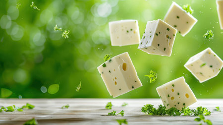 Vibrant cubes of cheese infused with fresh herbs are suspended in mid-air against a lush green backdrop, perfect for culinary inspiration and food photography.の素材