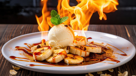 Experience the delightful combination of caramelized bananas topped with ice cream, served on a rustic wooden table with flames dancing above.の素材