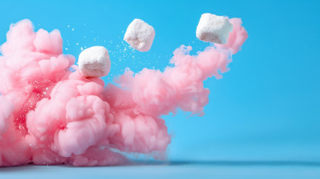 A vibrant scene depicting an explosion of pink cotton candy with fluffy marshmallows soaring through a clear blue background, perfect for evoking nostalgia and joy.の素材