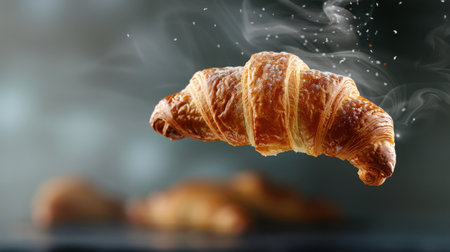 This visually stunning image showcases a croissant elegantly levitating, surrounded by a soft smoke effect, evoking warmth and indulgence.の素材