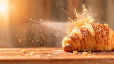 A beautifully crafted golden croissant rests on a rustic wooden table, with a splash of melted butter creating an inviting and warm atmosphere.の素材