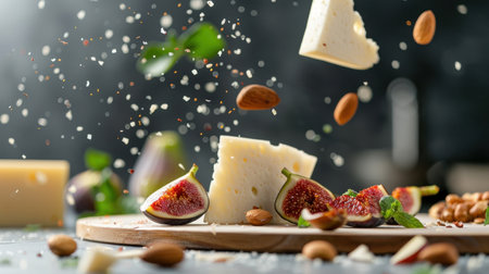 This captivating image showcases a delightful array of cheese, fresh figs, and almonds artistically arranged on a wooden board. The dynamic motion adds a sense of freshness and excitement to this gourmet culinary scene, perfect for food lovers and creative chefs.の素材