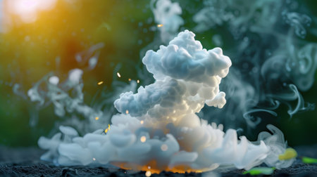 This image features a stunning cloud formation surrounded by smoke and illuminated highlights, perfect for artistic and creative projects, conveying emotion and depth.の素材