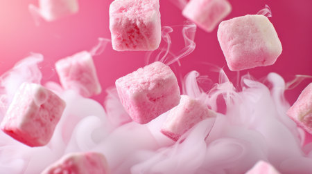 A captivating image of pink marshmallows floating gracefully in wispy vapor, set against a soft pink background, evoking feelings of sweetness and whimsy.の素材