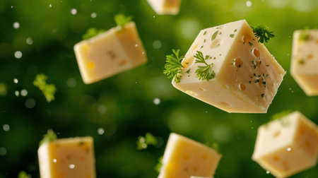 A dynamic image depicting floating cheese cubes garnished with fresh herbs against a vibrant green background, emphasizing creativity in culinary arts.の素材