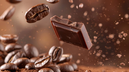This captivating image showcases a piece of dark chocolate elegantly falling among coffee beans, creating a warm, delicious atmosphere perfect for food lovers.の素材