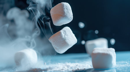 Floating marshmallows surrounded by wisps of smoke create a whimsical and dreamy atmosphere, perfect for dessert themes, food photography, or creative concepts.の素材
