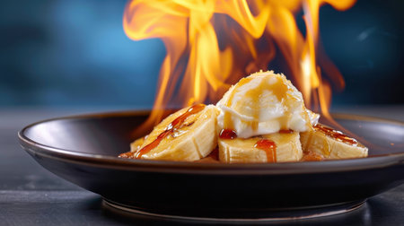 A stunning flambee dessert featuring perfectly sliced bananas topped with rich cream and drizzled with caramel sauce, creating a warm and inviting dish.の素材
