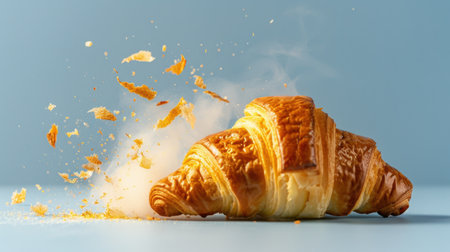 A stunning freshly baked croissant sits elegantly on a light blue background, showcasing its flaky texture. Crumbles and crumbs scatter artfully, emphasizing its deliciousness, making it an ideal image for food lovers and culinary enthusiasts.の素材