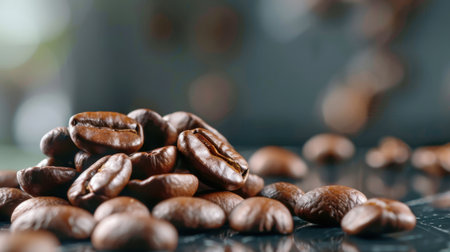 This image showcases a detailed close-up of freshly roasted coffee beans resting on a dark surface. Natural light highlights the rich textures and colors, creating an inviting atmosphere for coffee lovers.の素材