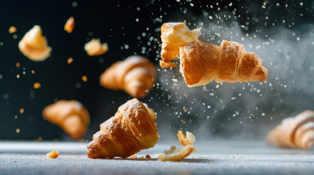 Captivating image of flaky croissant pieces suspended mid-air, surrounded by a cloud of dust and crumbs, showcasing the delicious texture and freshness.の素材