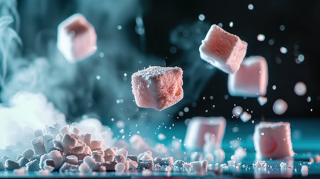 This captivating image features floating sugar cubes surrounded by ethereal smoke and particles, creating a surreal and artistic effect perfect for culinary themes.の素材