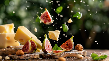 This visually stunning composition features fresh fig slices, cheese cubes, nuts, and green leaves, beautifully arranged on a wooden board. The blurred background enhances the focus on the vibrant ingredients, celebrating culinary creativity and healthy snacking.の素材