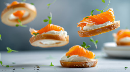 Delightful floating featuring fresh salmon slices and cream cheese garnished with herbs create an elegant and appetizing display for any occasion.の素材