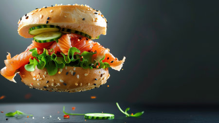This vibrant image captures a gourmet bagel sandwich filled with fresh salmon, crisp lettuce, and cucumber, beautifully floating against a dark background.の素材