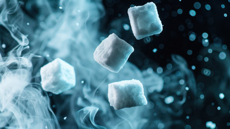 This captivating image captures floating sugar cubes amidst soft mist and gentle bokeh lighting, creating an ethereal and artistic effect.の素材