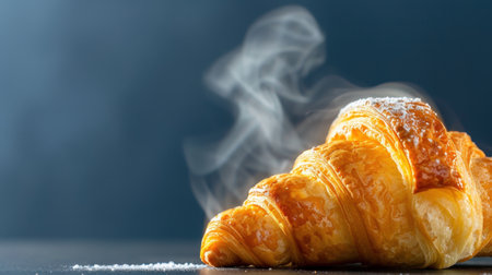A freshly baked croissant lies on a dark surface, steam rising to convey warmth and freshness. Ideal for bakery or breakfast concepts, this image captures the inviting texture and golden hue of a classic French pastry, perfect for culinary projects.の素材