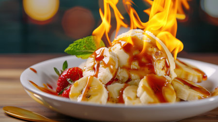 A visually stunning dessert featuring a scoop of ice cream topped with banana slices, strawberries, and rich caramel sauce, ignited with flaming fire for dramatic effect. Perfect for capturing attention in any culinary setting.の素材