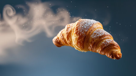 A beautifully crafted croissant with a delicate dusting of powdered sugar floats gracefully against a soft background, embodying culinary artistry.の素材