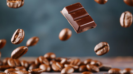 A visually stunning image of a chocolate bar floating amidst scattered roasted coffee beans, creating an inviting mood perfect for culinary-themed projects.の素材