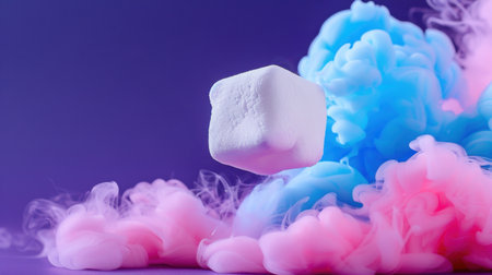A striking image of a sugar cube levitating amidst a blend of blue and pink smoke, creating a captivating visual contrast against a soft purple backdrop.の素材