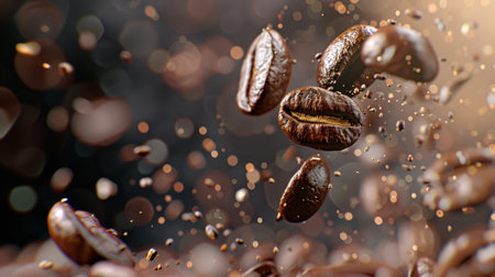 This captivating image showcases floating coffee beans with a dreamy blurred background, enhanced by sparkling highlights that emphasize their rich texture and sheen.の素材
